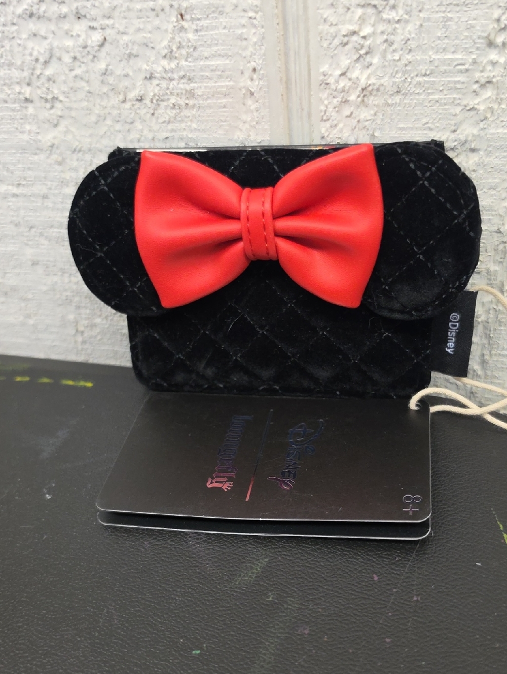 Disney Black Quilted Velvet Card Case with Red Bow Accent